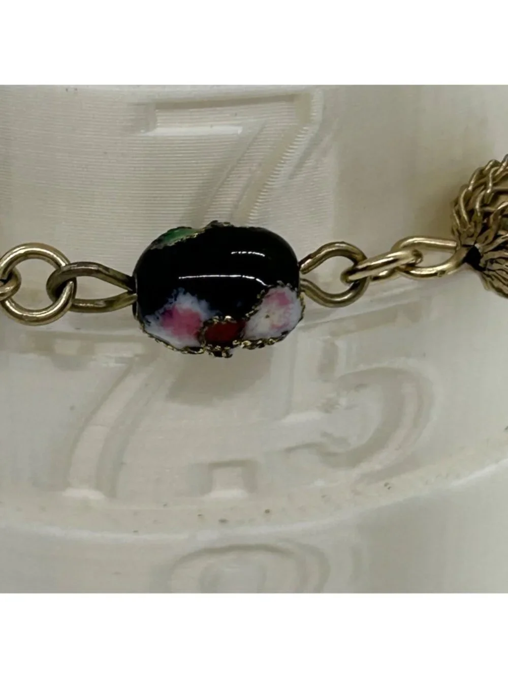 Vintage Cloisonné Bracelet Floral Enamel Filigree Gold Tone Multi-Colored 7
